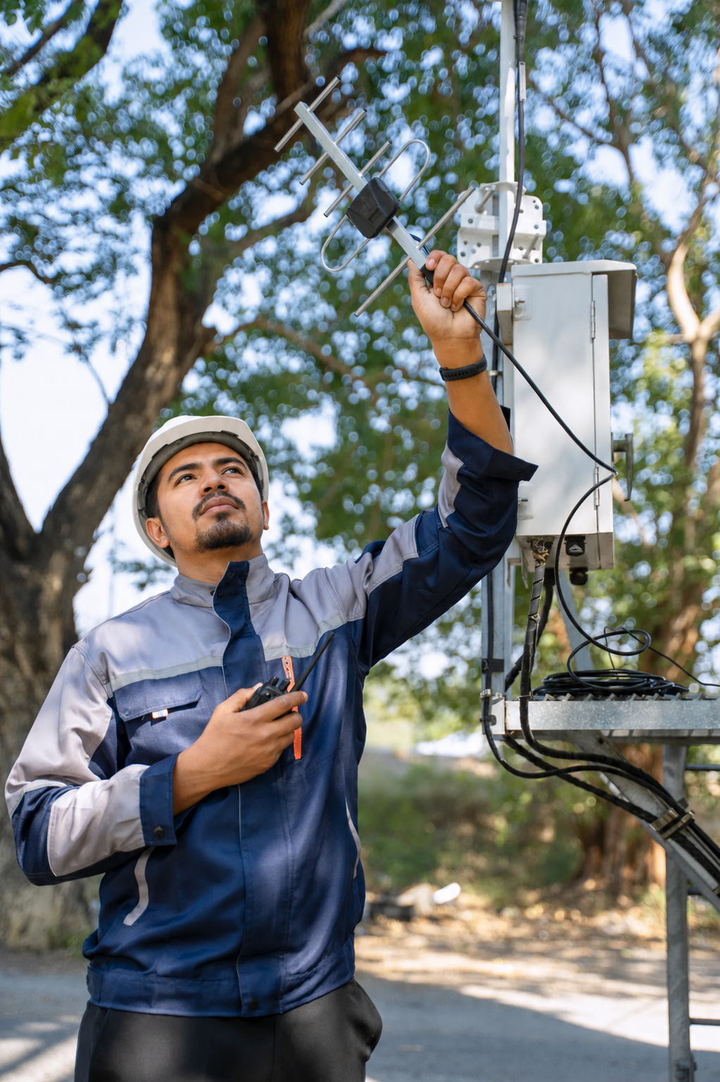 Security camera installation technician working on commercial property